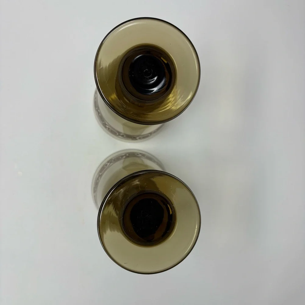 Vintage Amber Glass Goblet with Swirl Design Set of Two 7” Tall Glasses 16 Oz